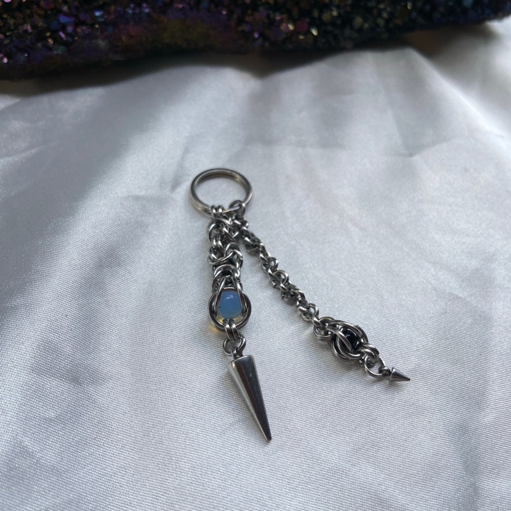 Silver Spike keychain charm with Opalite and black onyx spheres handmade